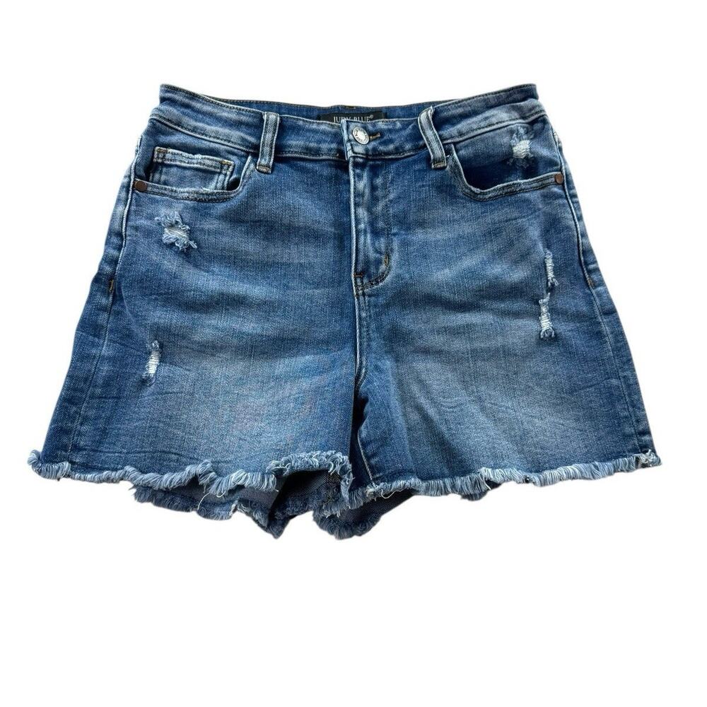 Judy Blue Bailey Jean Shorts M Medium Distressed Raw Hem Denim Cutoffs Stretch